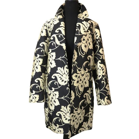 Chicos 2 Cream & Black Embroidered Long Mid Length Jacket Blazer Brocade Large - Picture 1 of 8